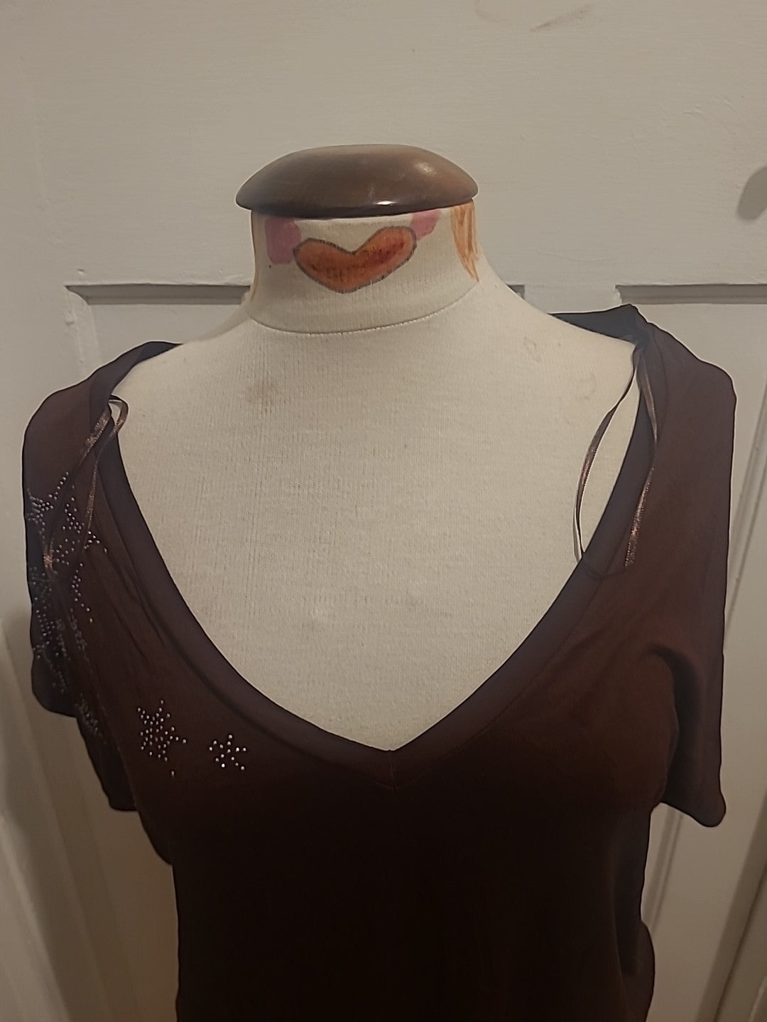 Ladies Next Size 18 Brown Star Detail V Neck Short Sleeve Blouse