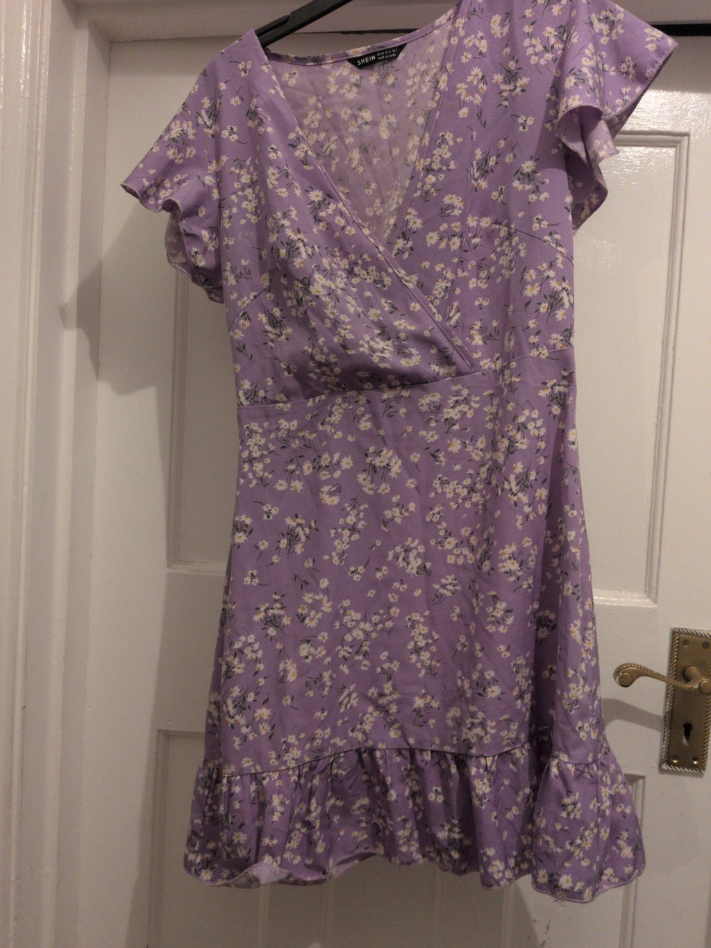 Shein XS Purple Flower Short Sleeve Knee Length Dress