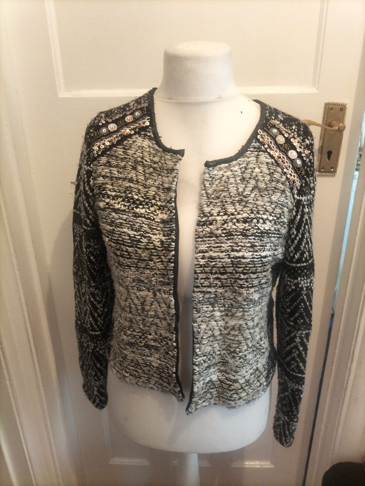 Ladies H&M Size Black White Gold Sequin Shoulder Cardigan