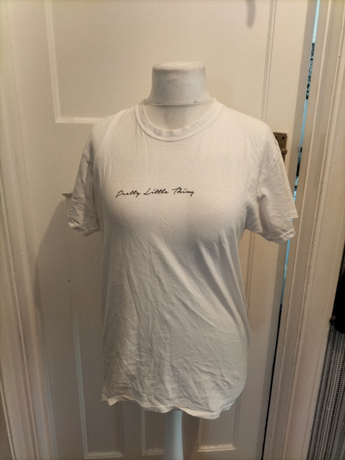 Ladies Prettylittlething Size Small White Print Short Sleeved Tshirt