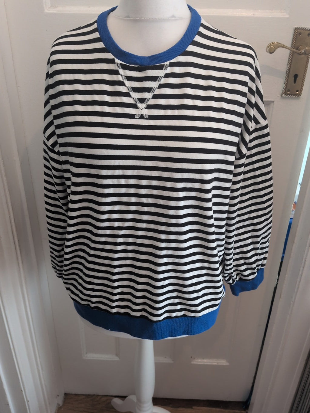 Large Black And White With Blue Trim Stripe Jumper