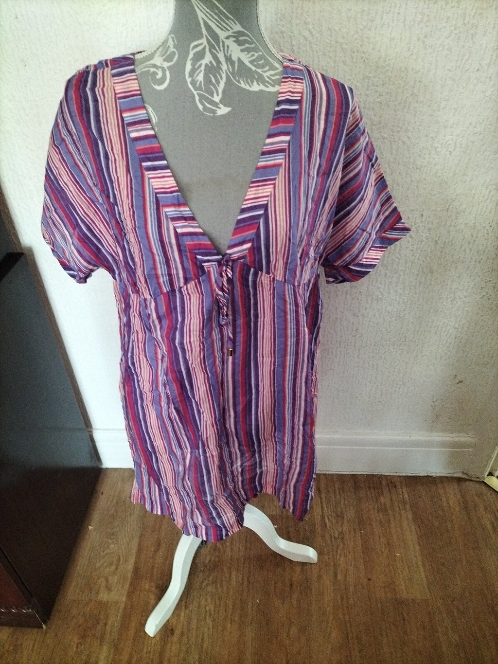 Ladies Per Una Size Small Purple Striped Short Sleeved Blouse