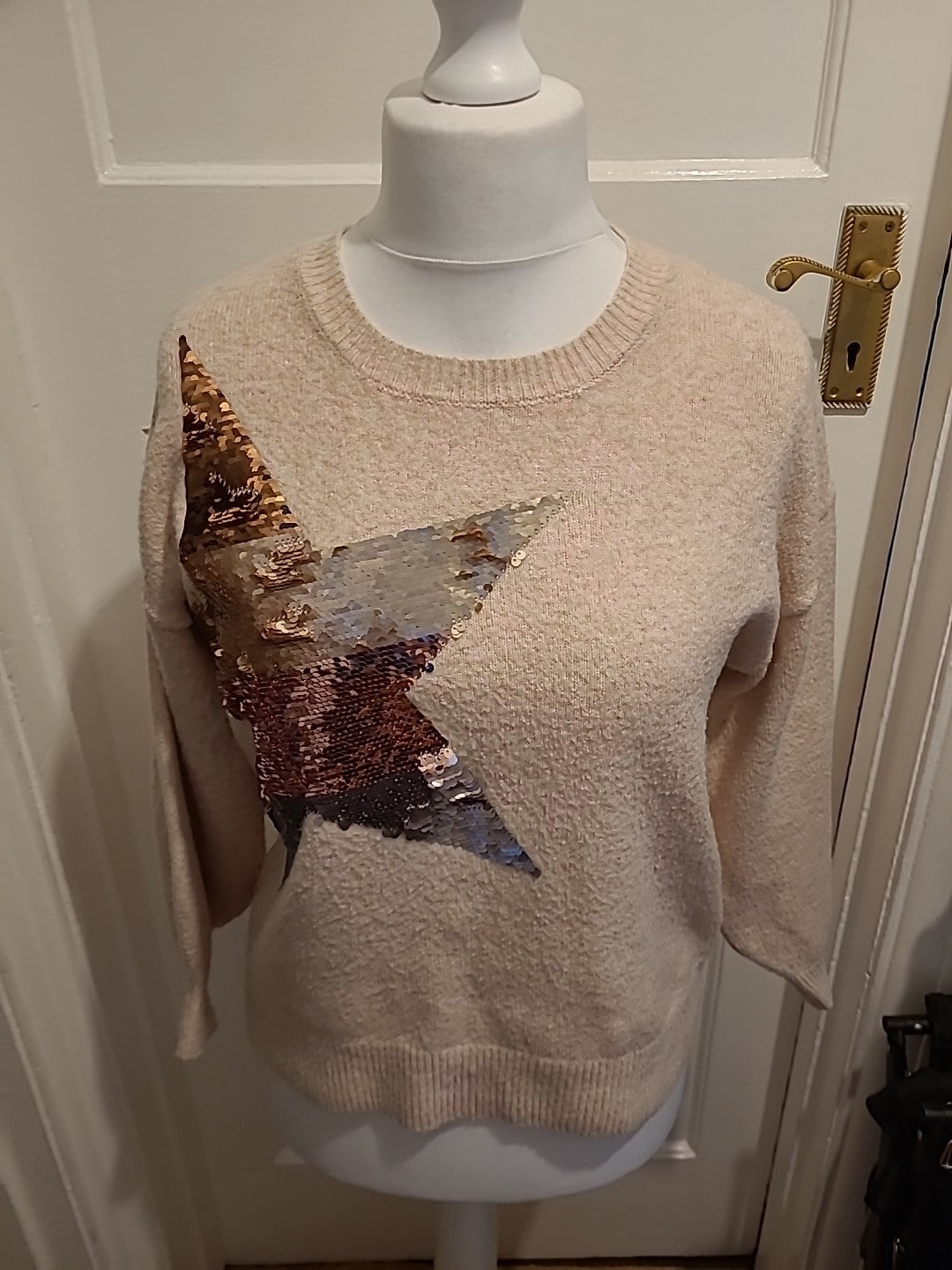 Ladies F&F Size Medium Pale Pink Woth Sequin Star Pullover Jumper