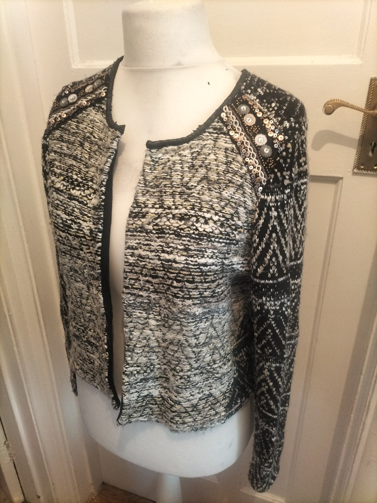 Ladies H&M Size Black White Gold Sequin Shoulder Cardigan