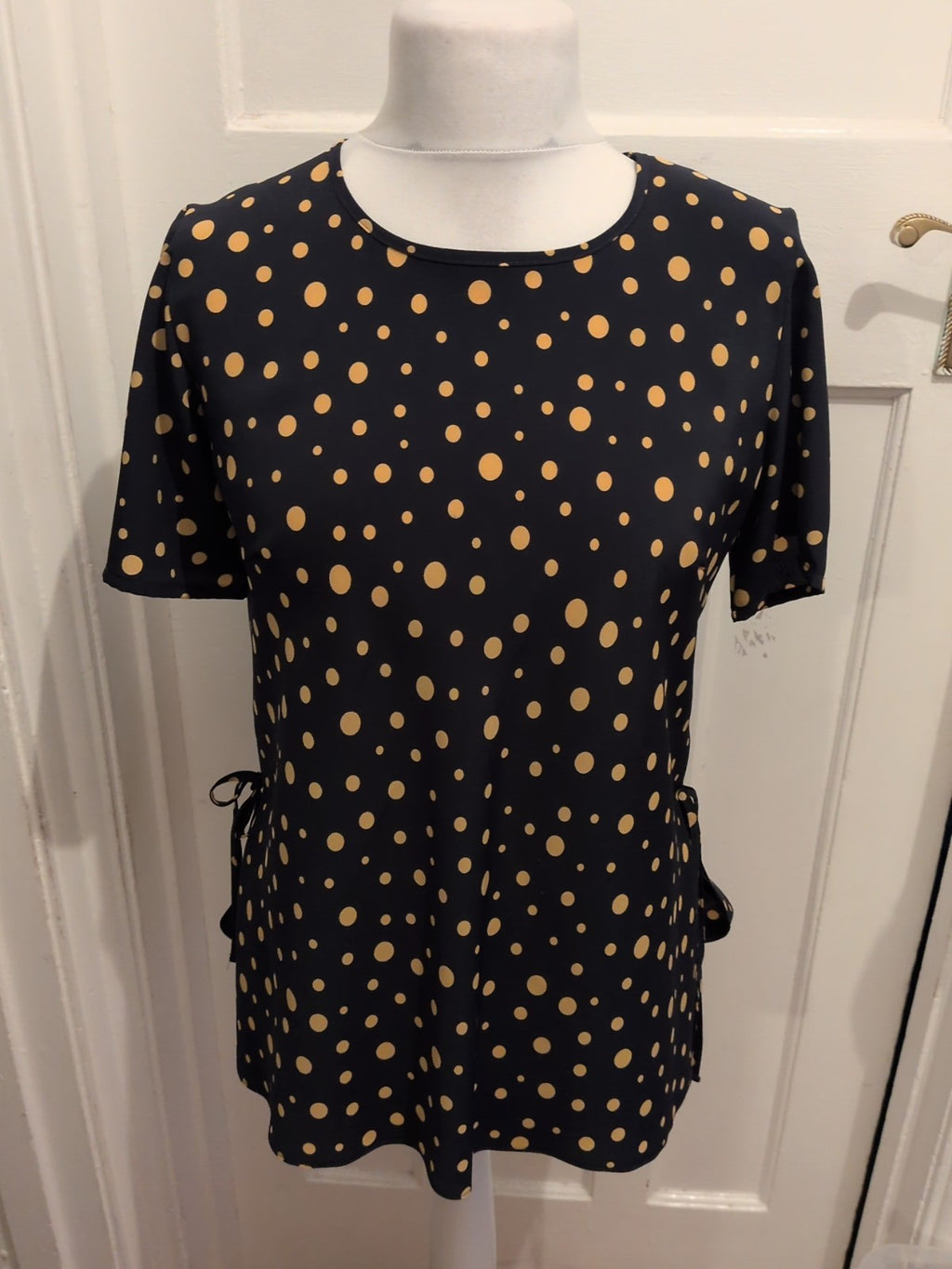 Chianti 12 Navy And Brown Spotted Short Sleeve Blouse(Pad Missing One Side)