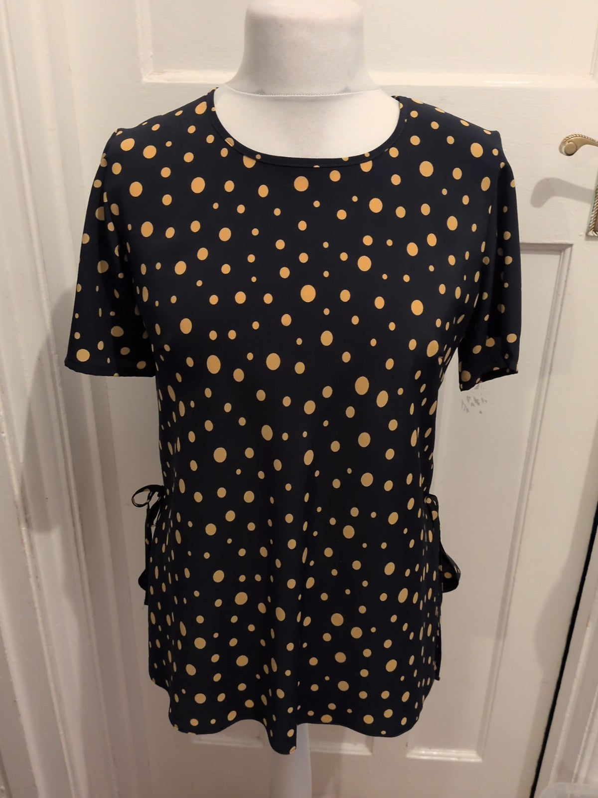 Chianti 12 Navy And Brown Spotted Short Sleeve Blouse(Pad Missing One Side)