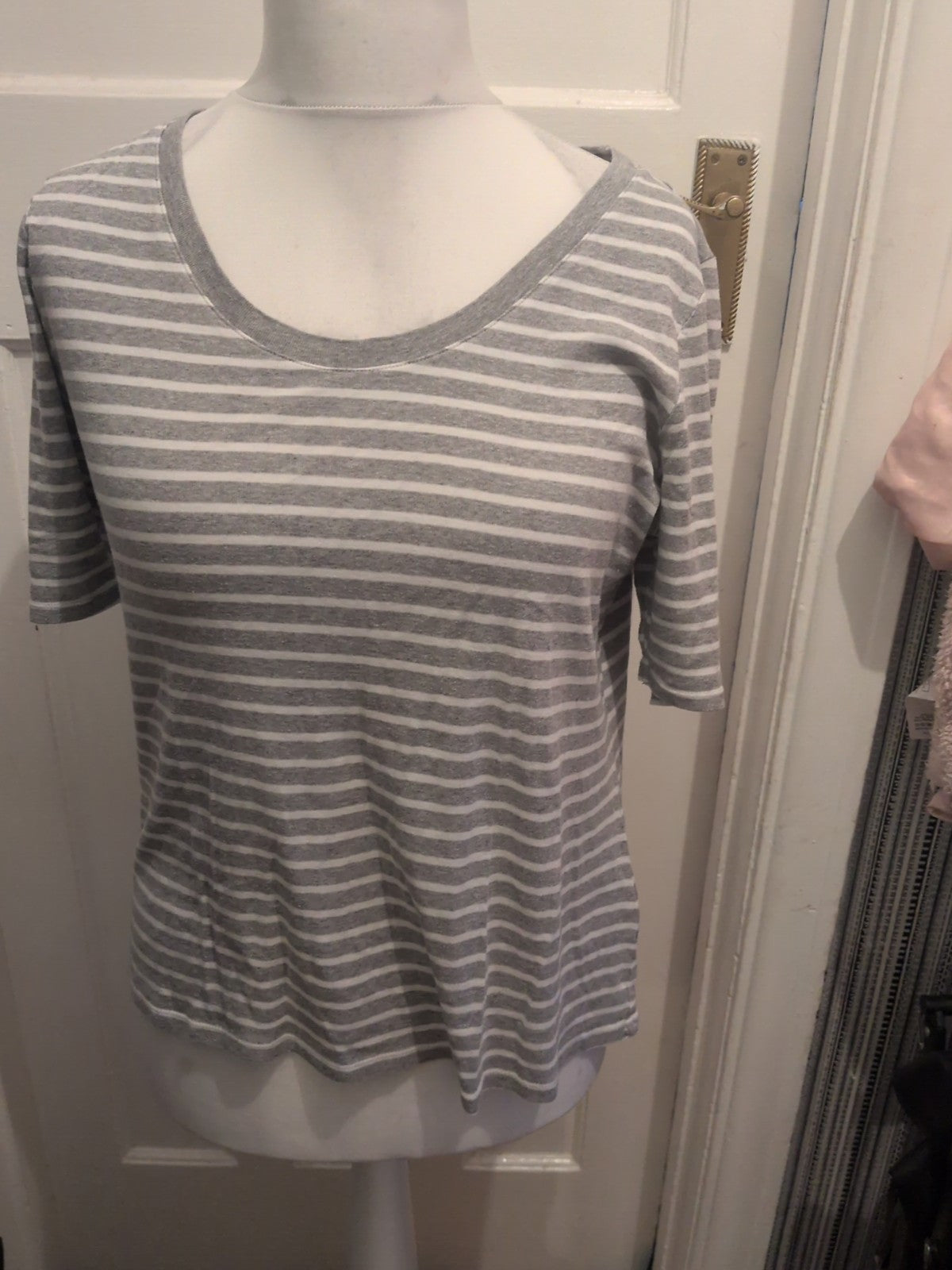 M&S 16 Grey With White Stripes Short Sleeve T-shirt