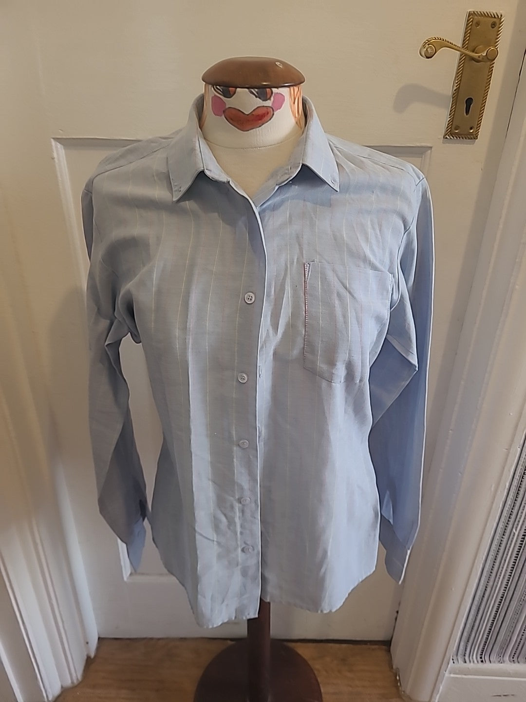 Mens Equine Size 15.5" Pale Blue Striped Short Sleeved Shirt