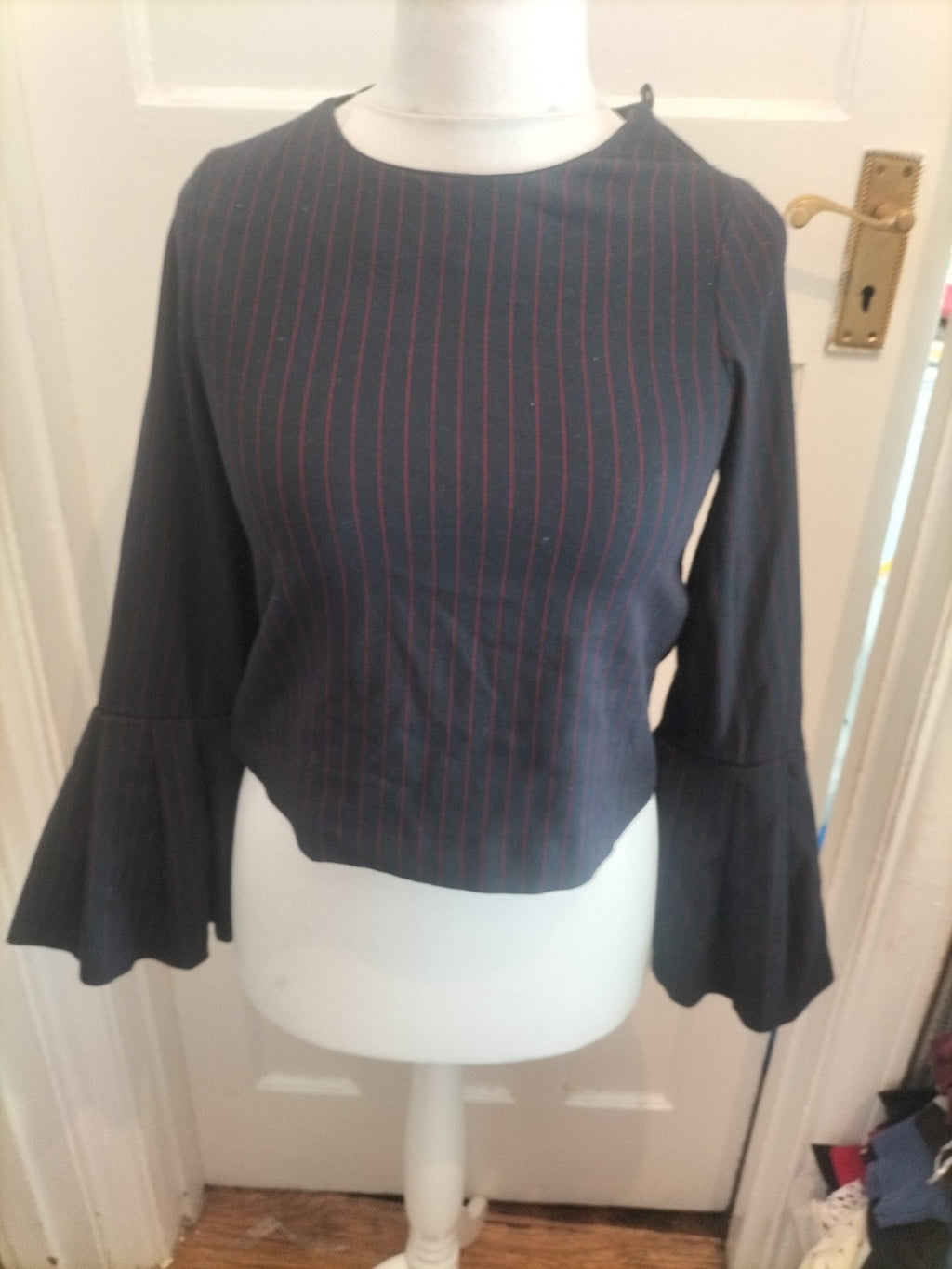 Zara Trafaluc XS Navy And Red Flute Sleeve Blouse