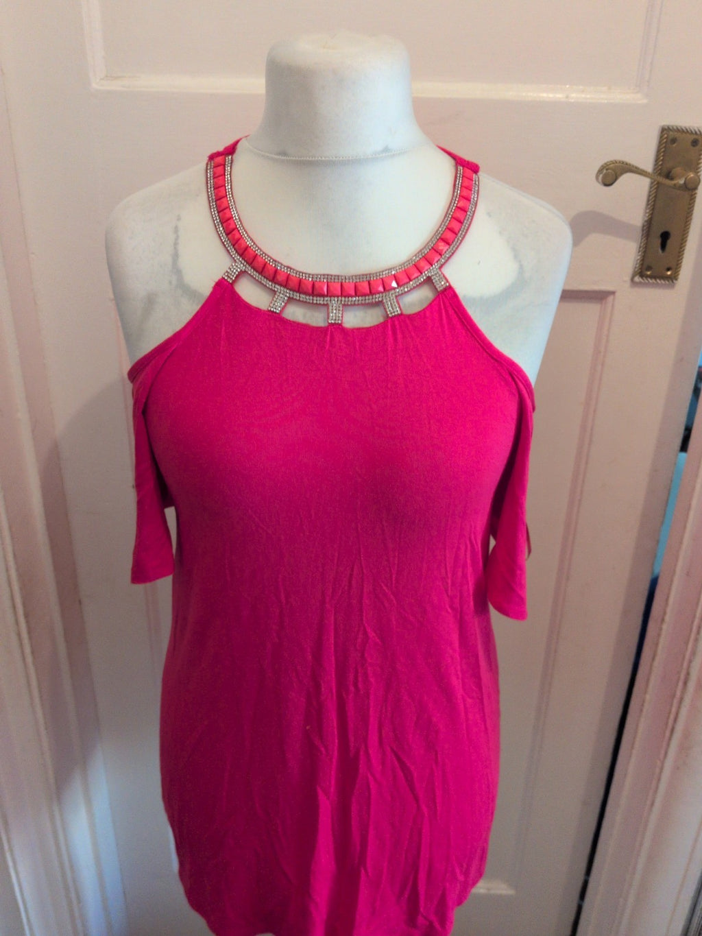 Ladies George Size 10 Hot Pink With Silver Diamante Rigid Neck T-shirt Short...