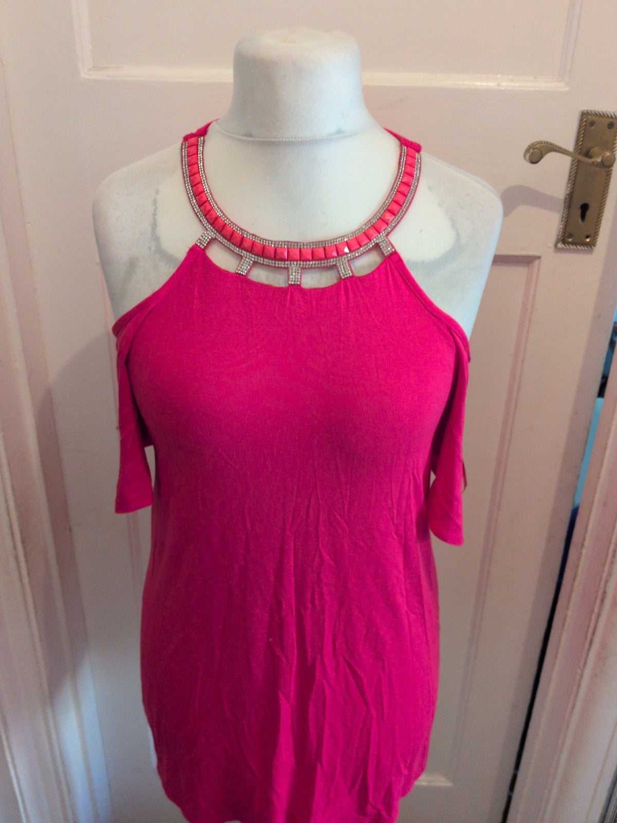 Ladies George Size 10 Hot Pink With Silver Diamante Rigid Neck T-shirt Short...