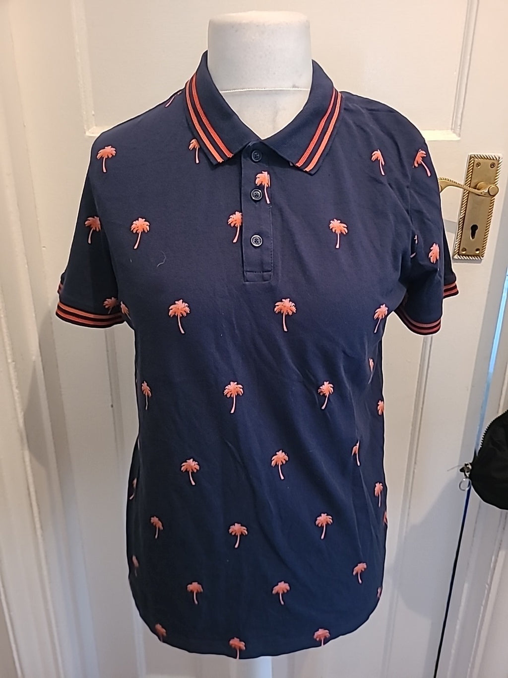 Mens Tu Size Medium Navy With Coral Palm Tree Short Sleeved Polo