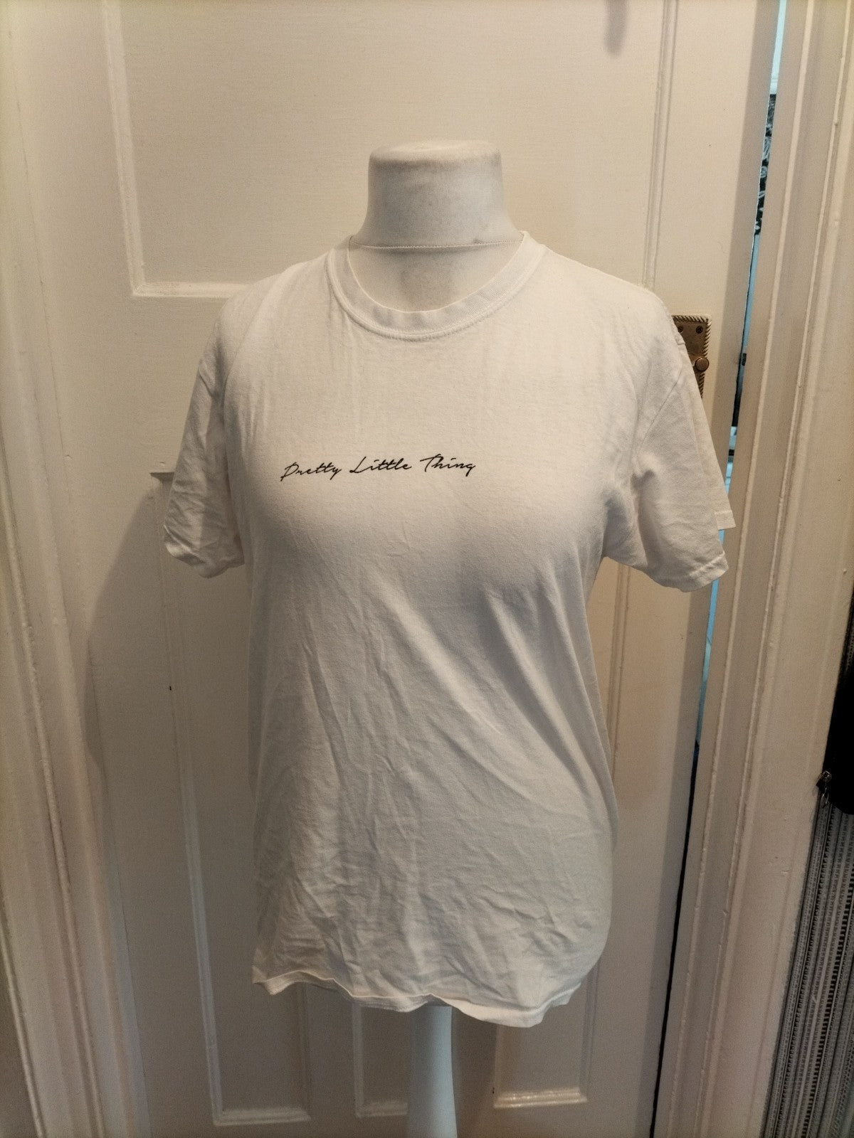 Ladies Prettylittlething Size Small White Print Short Sleeved Tshirt