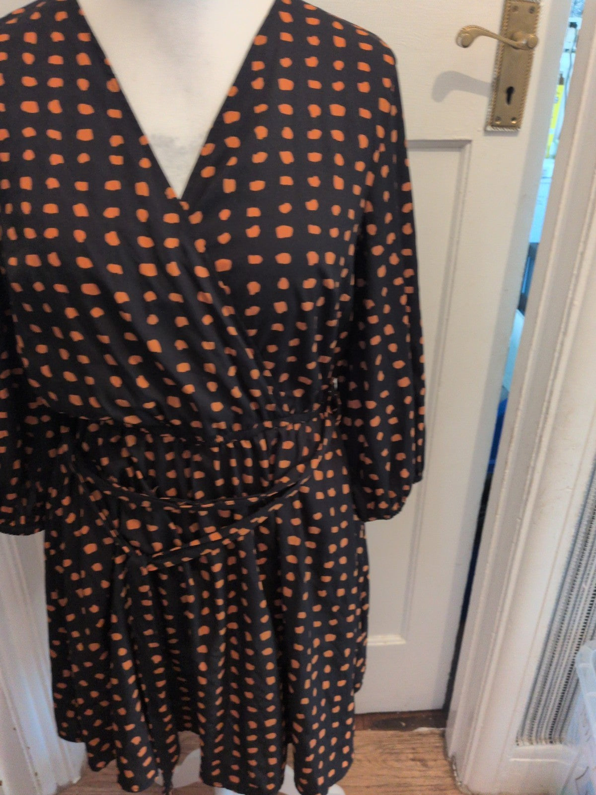 New Look 14 Orange And Black Long Sleeve V Neck Dress