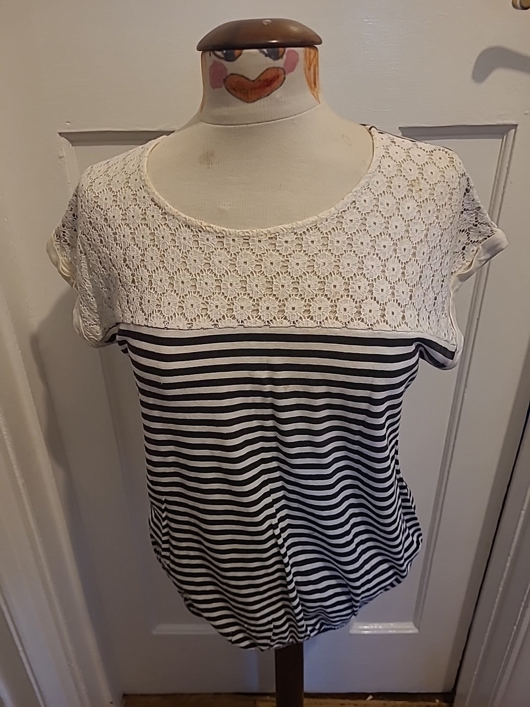 Ladies Jobis Size 14 Black And White Striped Lace Neck Tshirt