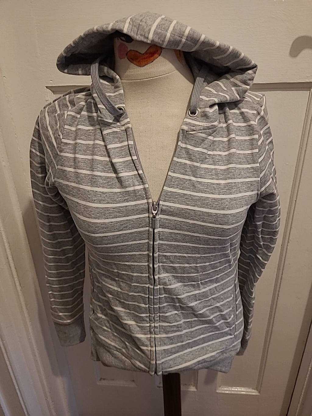 Ladies Marks And Spencer Size 8 Grey White Striped Hoodie