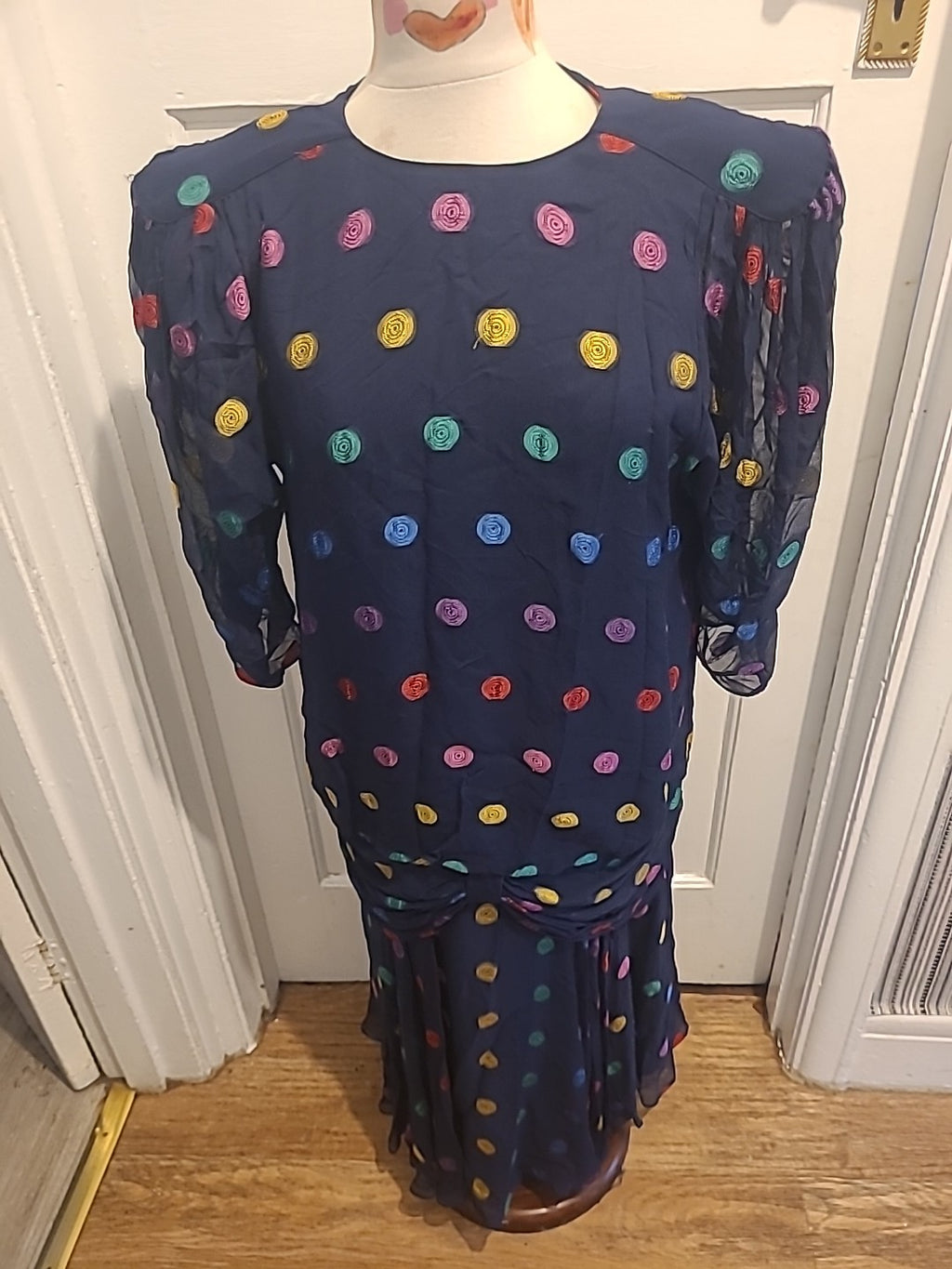 Ladies Tricoville Size 14 Navy Colorful Padded 3/4 Sleeve Dress