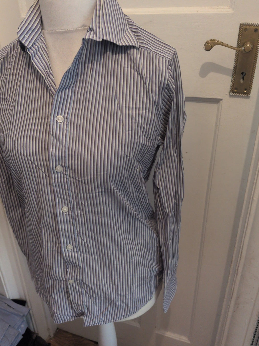Jeff Banks 15.5 Slim Fit Purple/White/Black Stripe Long Sleeve Shirt