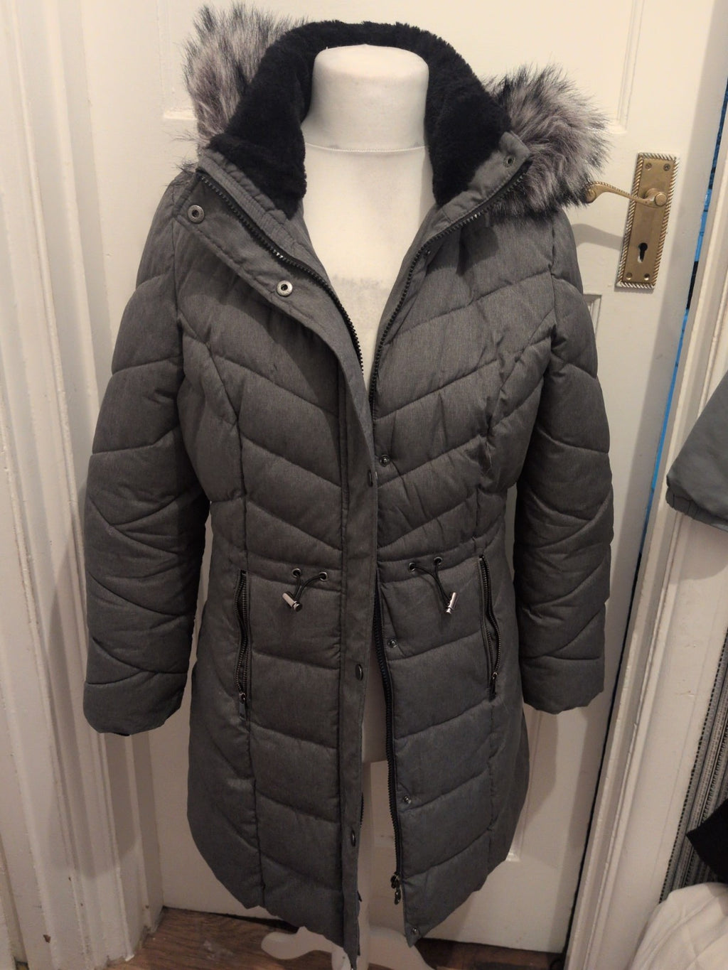 George 12-14 Grey Faux Fur Hood Puffer Jacket Long Sleeve Full Zip