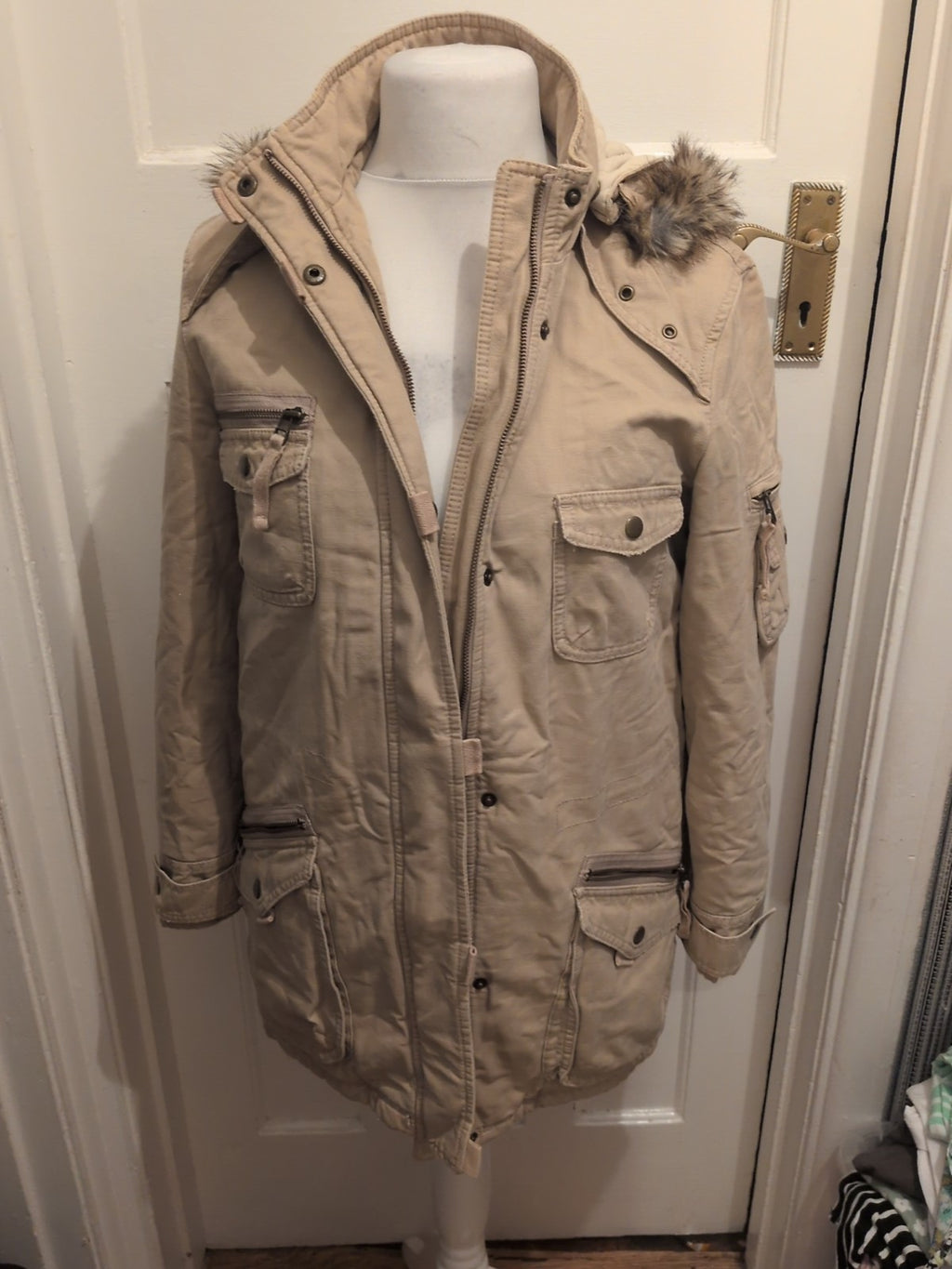Marks And Spencer 10 Neutral Faux Fur Hood Coat