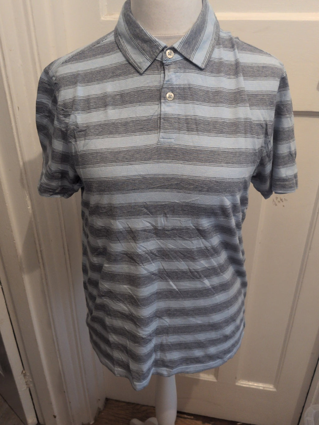 M&S Medium Pure Cotton Navy With Sky Blue Stripe Short Sleeve Polo