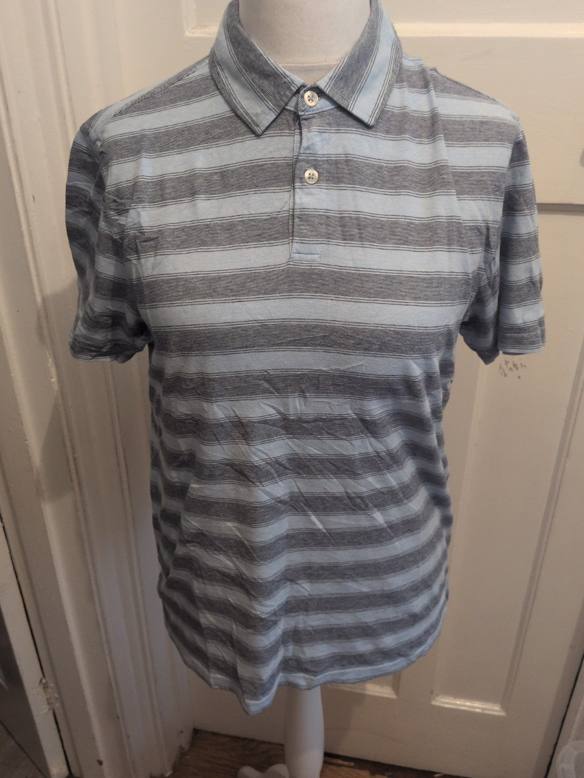 M&S Medium Pure Cotton Navy With Sky Blue Stripe Short Sleeve Polo