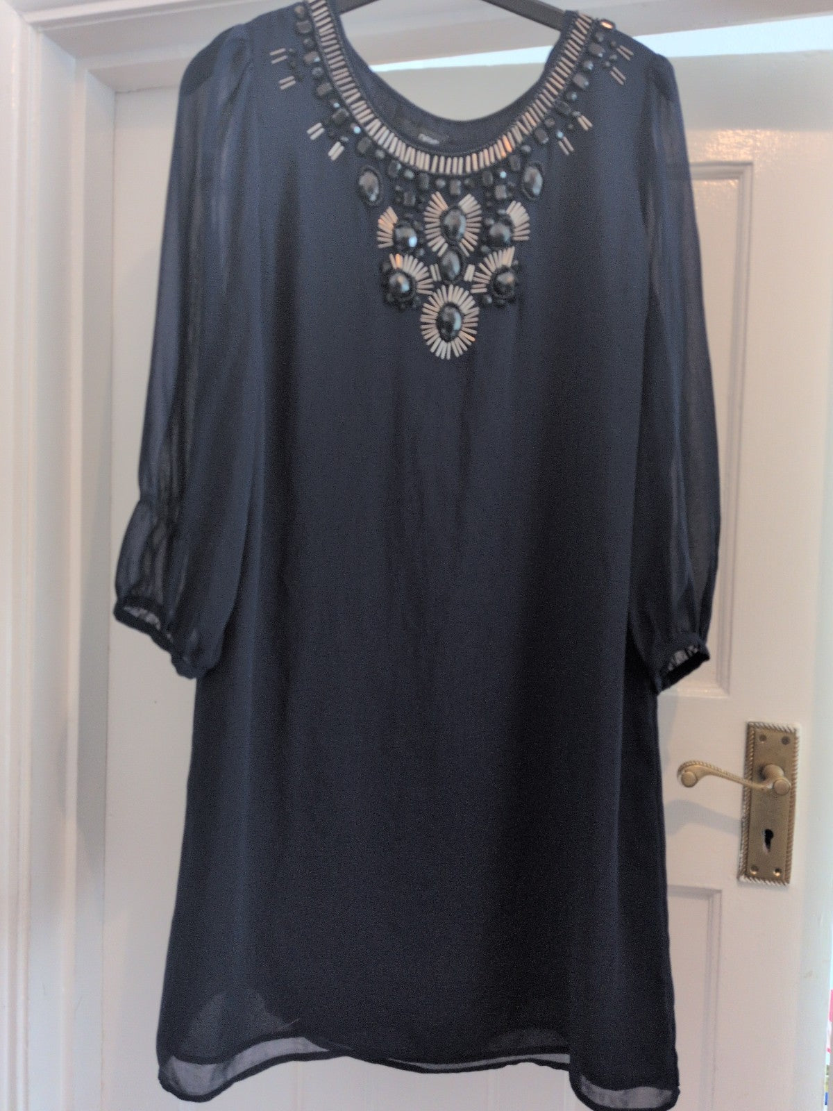 Next 12 Navy Long Sleeve Diamonte Neck Round Neck Lined Dress