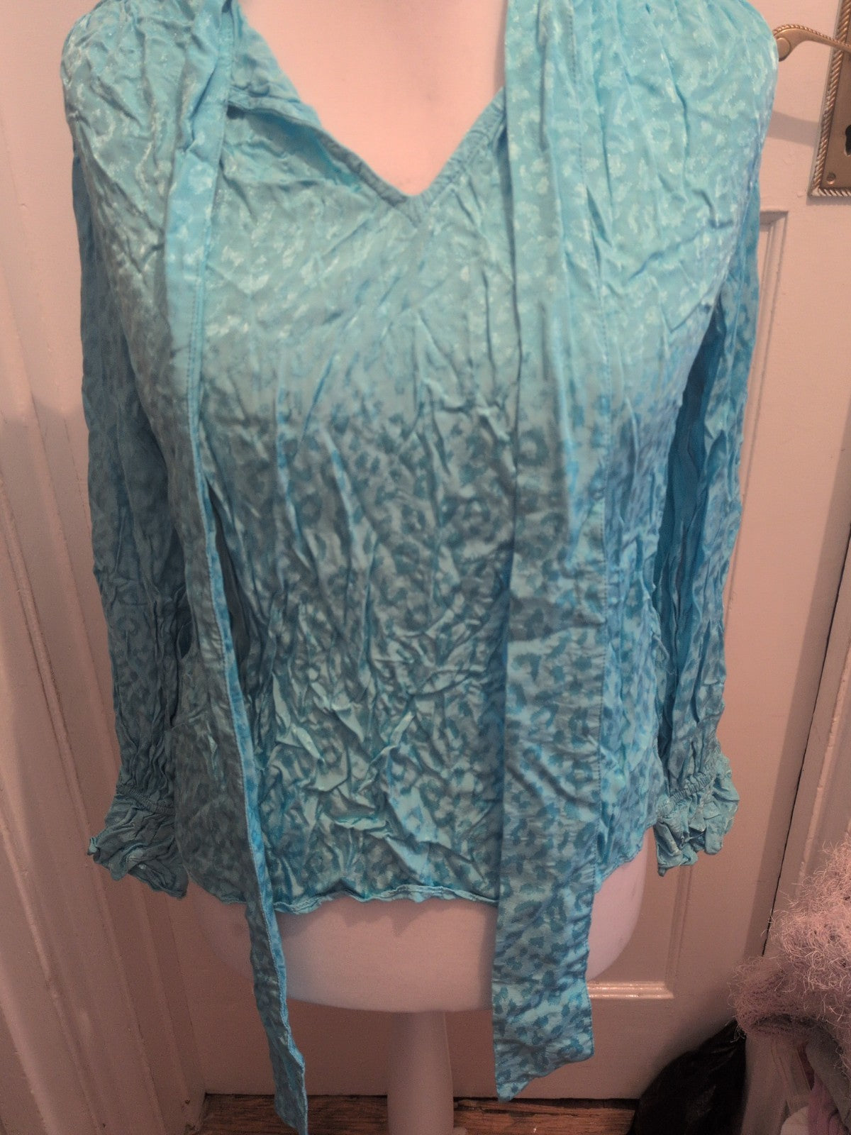 River Island 14 Aqua Patterned V Neck Long Sleeve Blouse