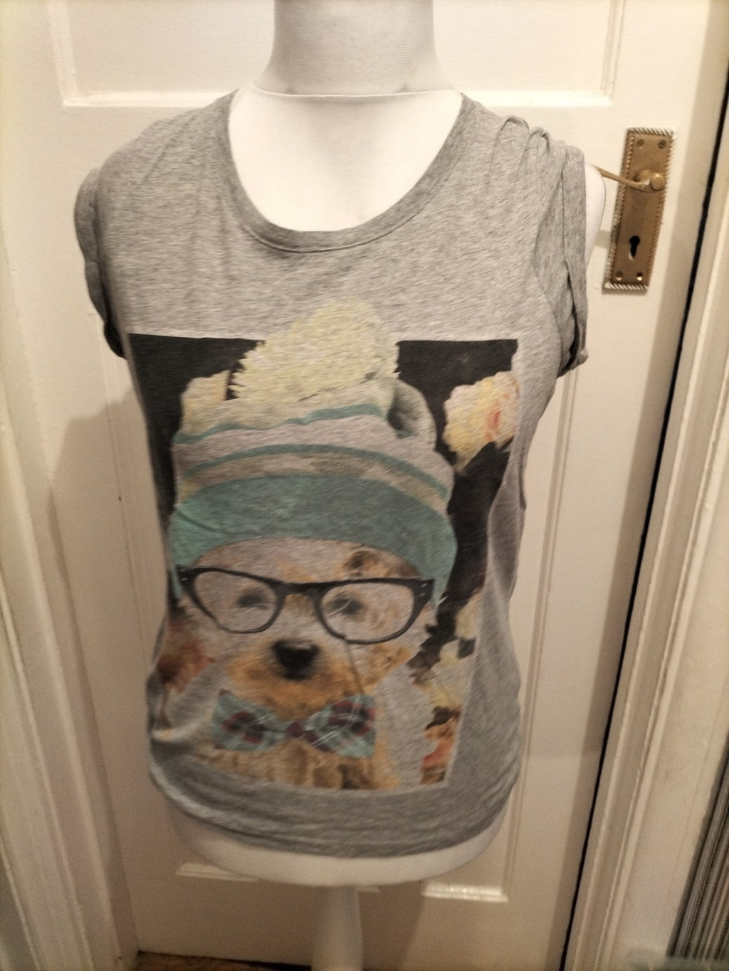 Ladies New Look Size 12 Grey Print Dog Short Sleeved T-shirt