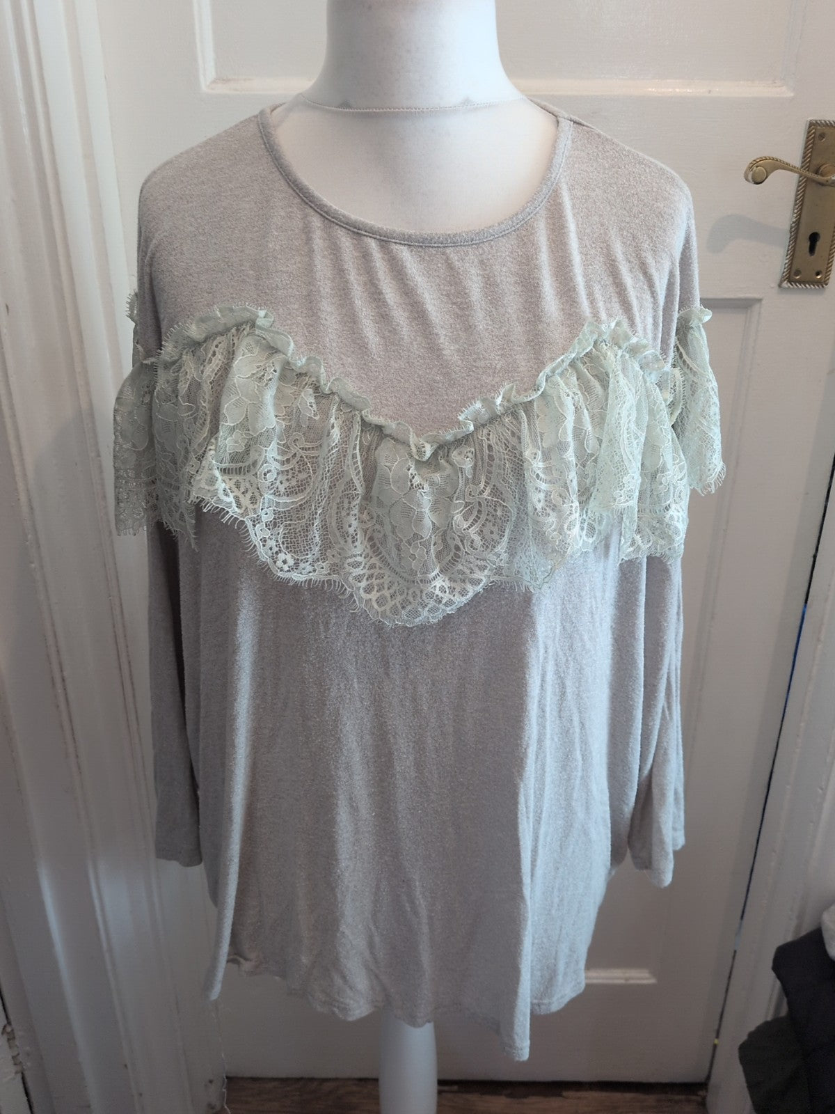 XL Grey With White Frill Long Sleeve Blouse