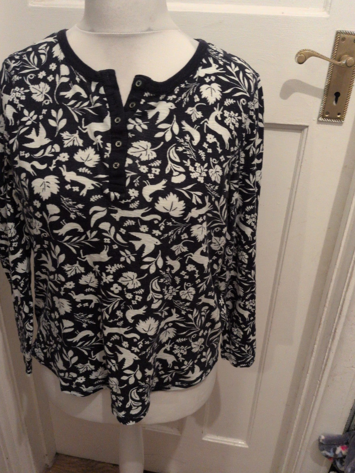 M&S Collection 16 Blue And White Reindeer Long Sleeved Pyjama Top