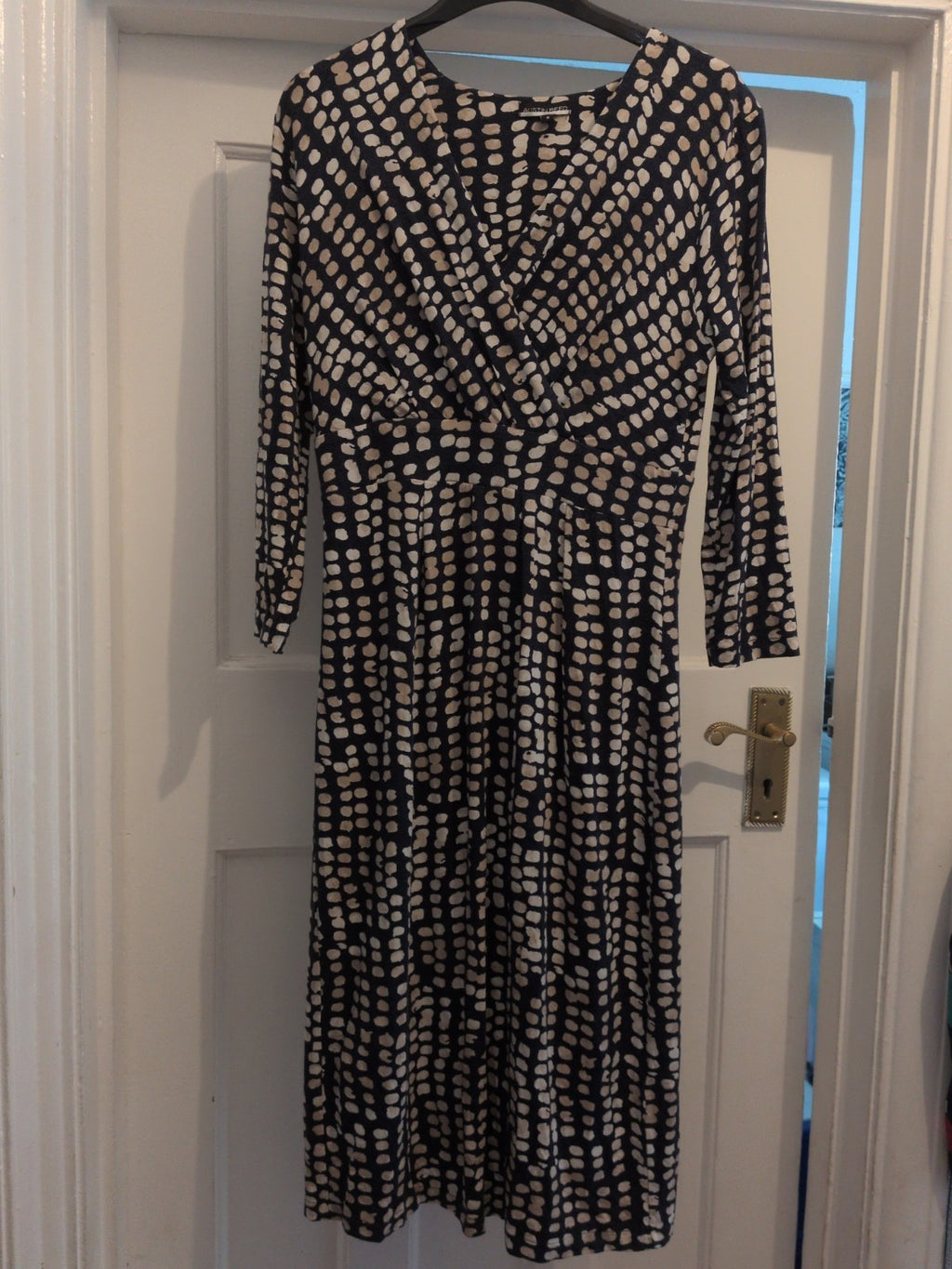 Austin Reed 8 Navy Spotty Long Sleeve V Neck Dress