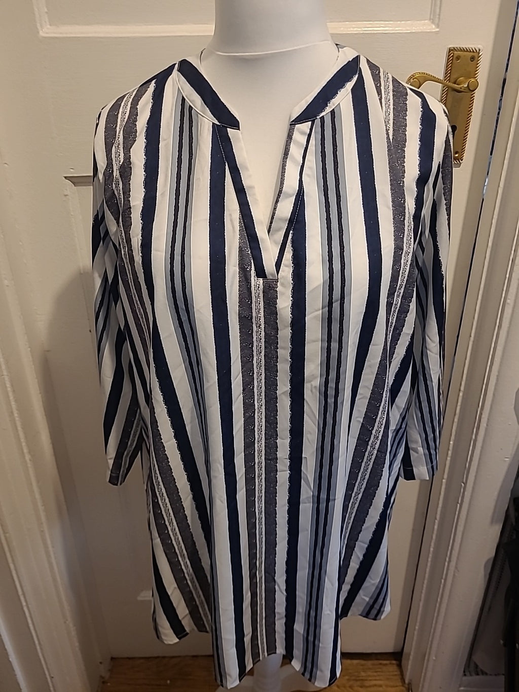 Ladies Size XL Blue/White/Grey And Black Striped Blouse 3/4 Sleeved