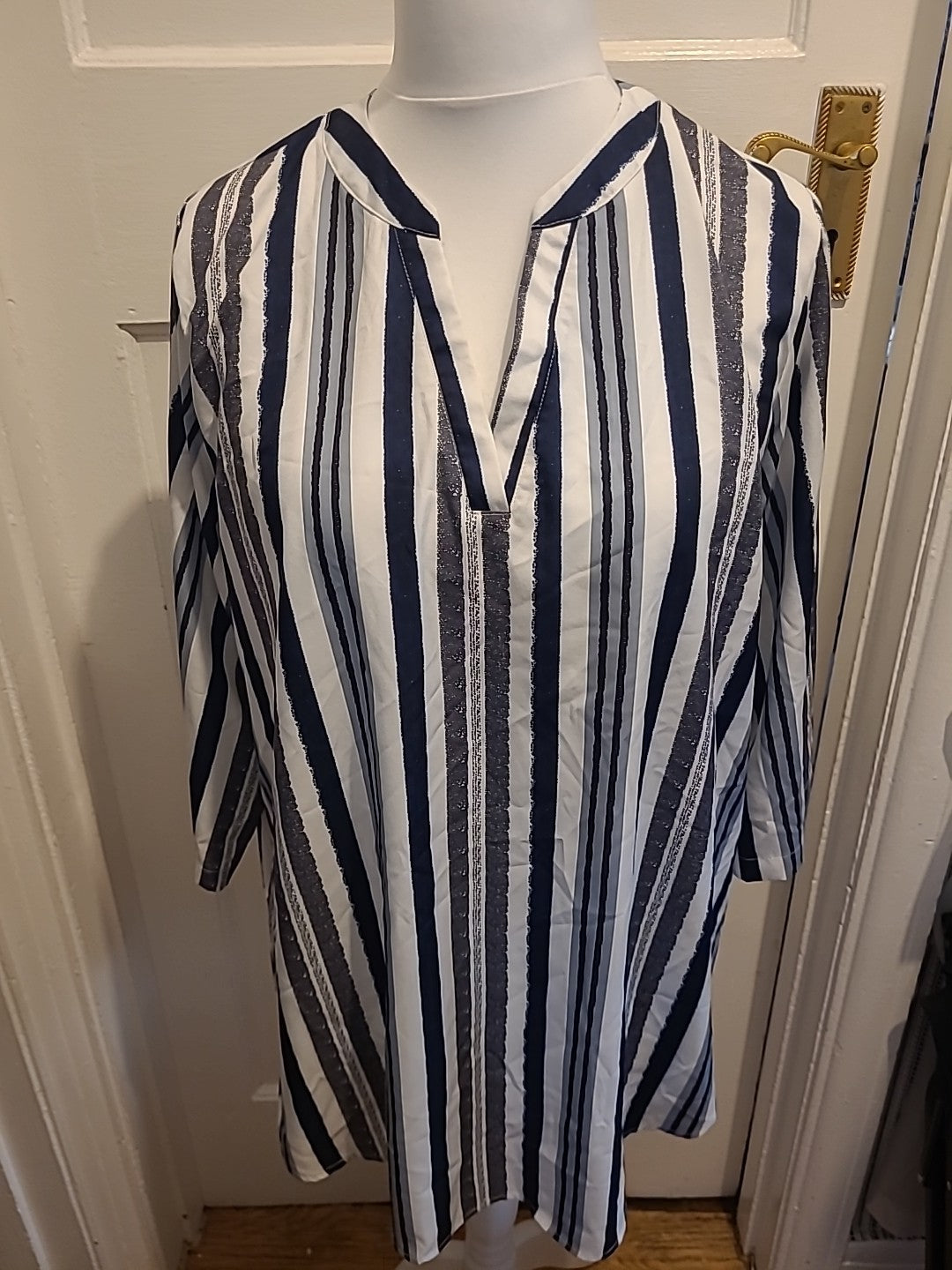 Ladies Size XL Blue/White/Grey And Black Striped Blouse 3/4 Sleeved