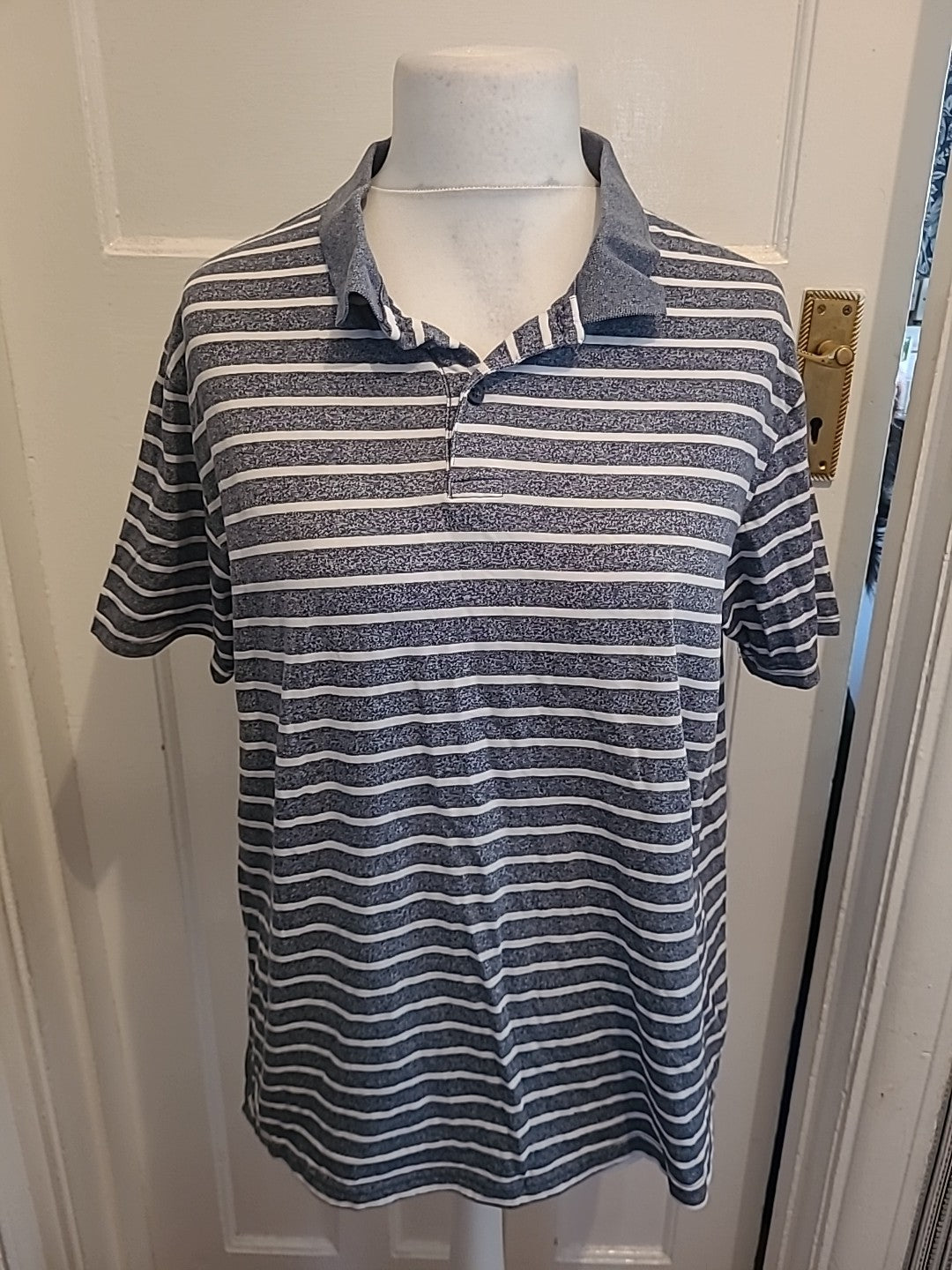 Mens Primark Size XL Navy Fleck And White Striped Short Sleeved Polo