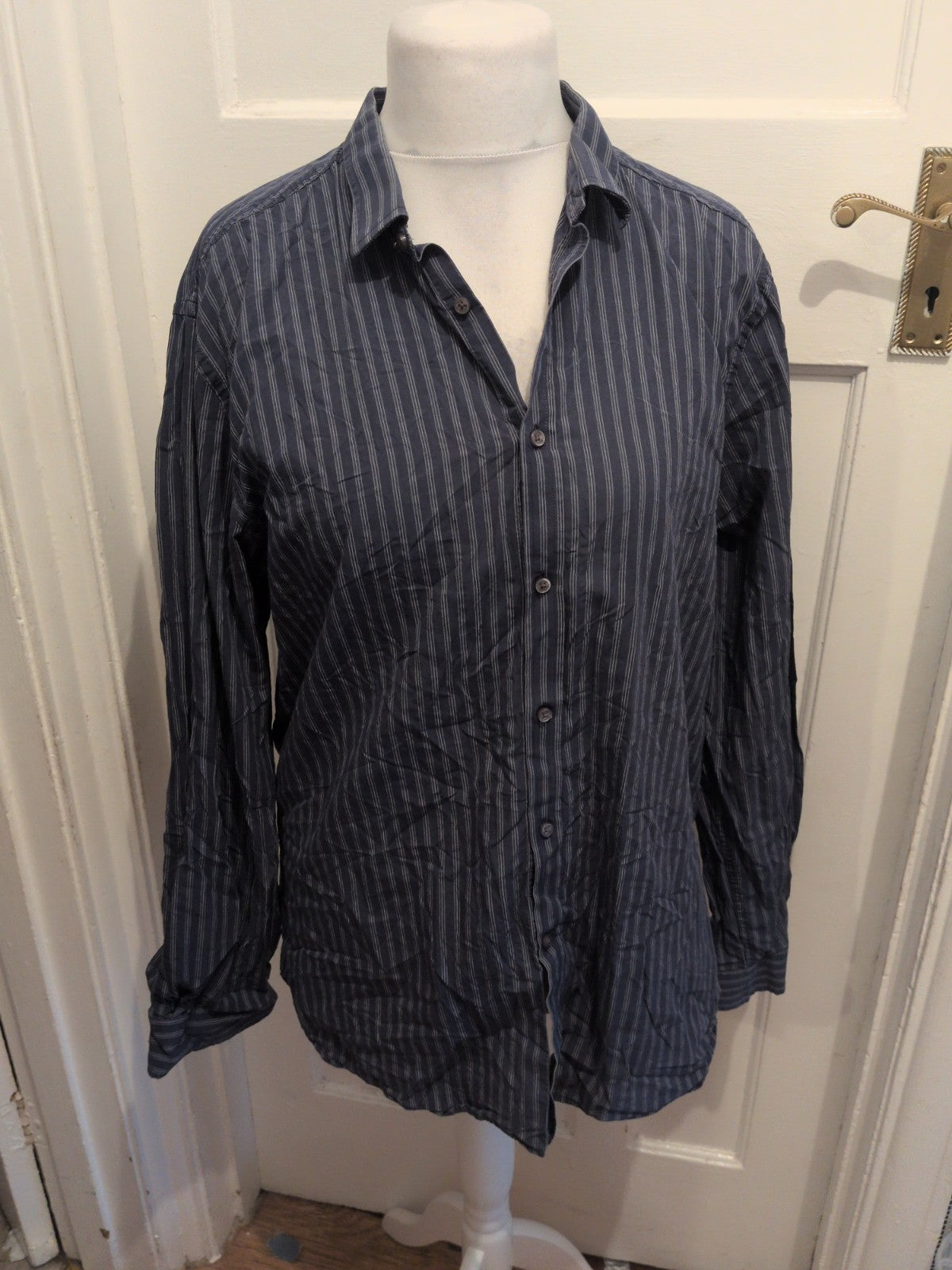 Kenneth Cole 17" Slim Fit Navy Stripe Long Sleeve Shirt