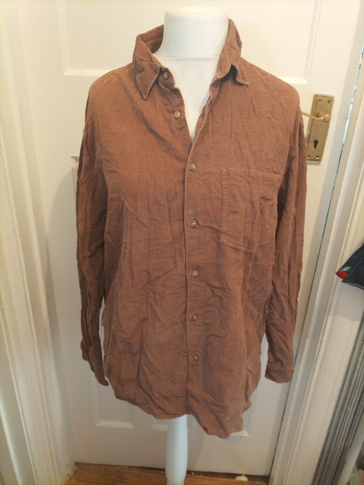 Mens White Stuff Size L Brown Ribbed Long Sleeved Shirt