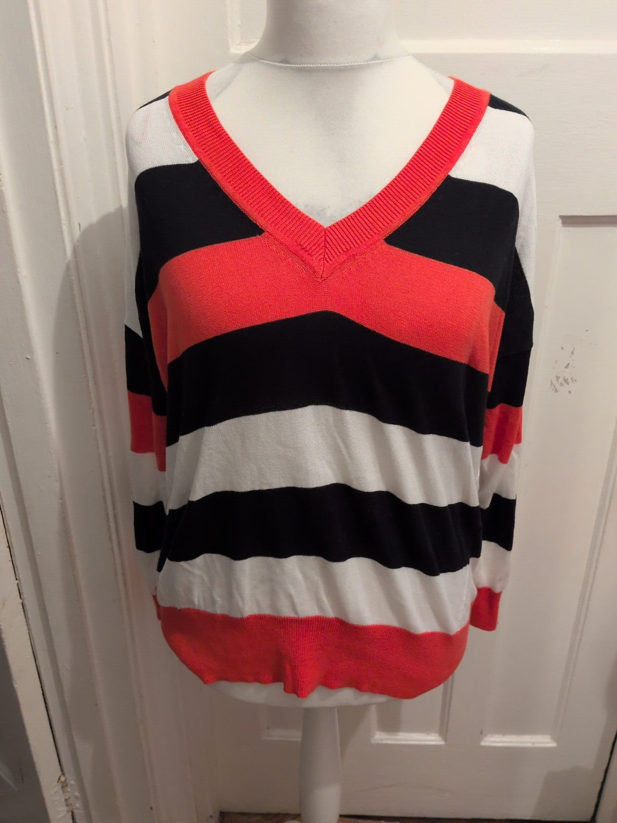 M&S Large Orange Black And White V Neck Jumper