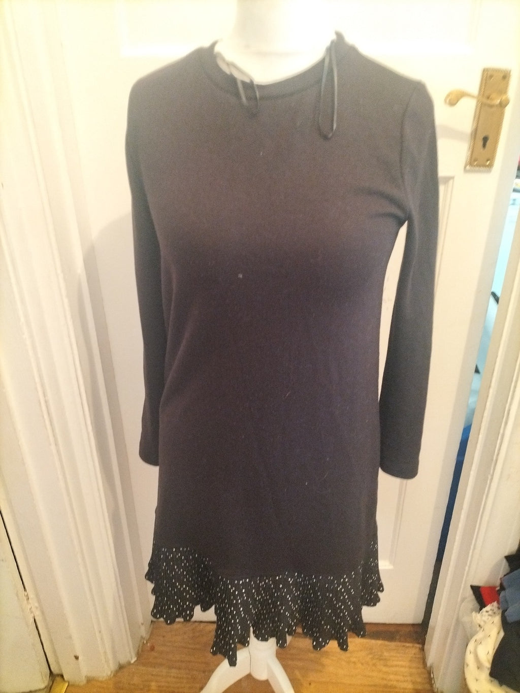 Tu Woman 12 Black Long Sleeved Long Length Dress With Polkadot Hem