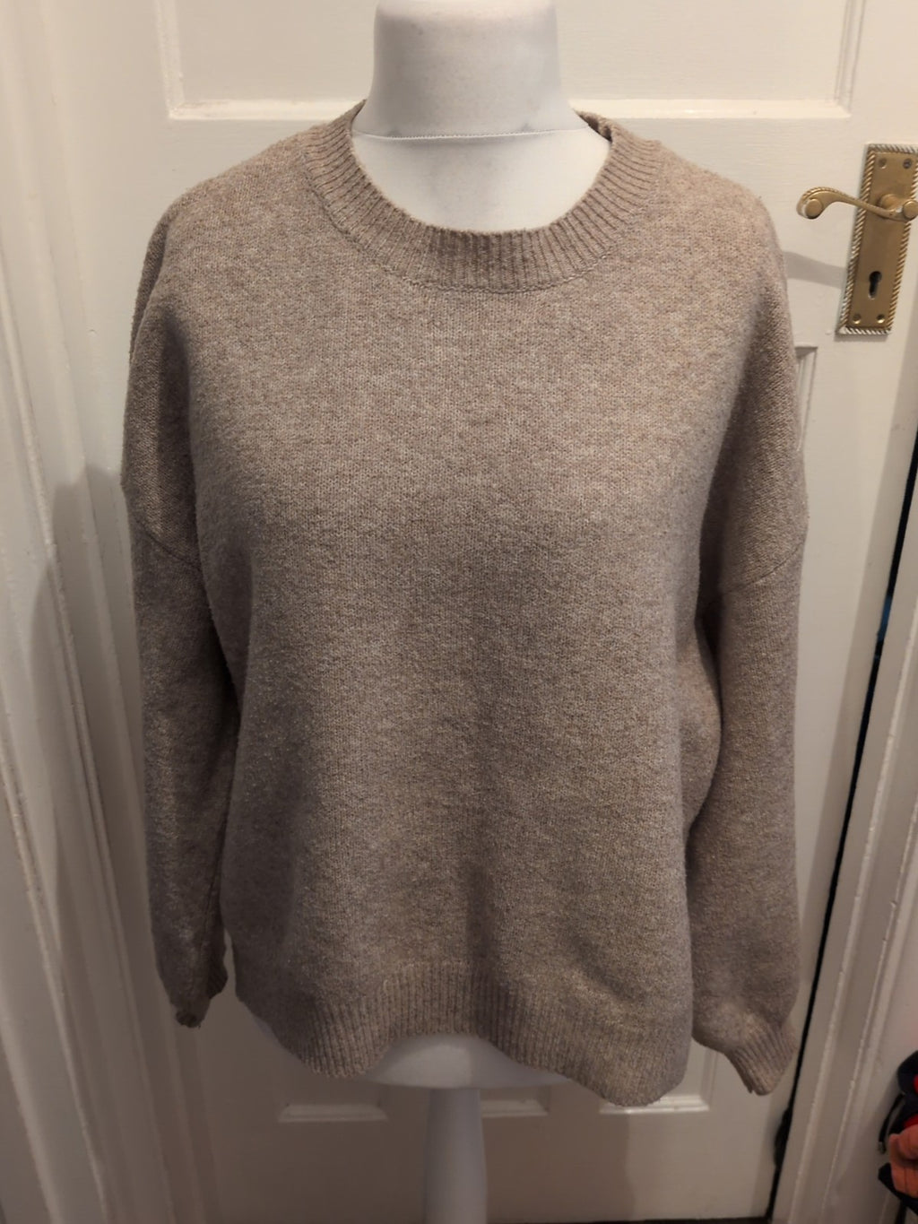 Large Beige Ribbed Hem And Cuff Pullover Jumper