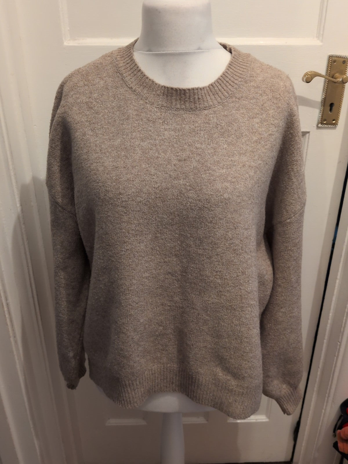 Large Beige Ribbed Hem And Cuff Pullover Jumper