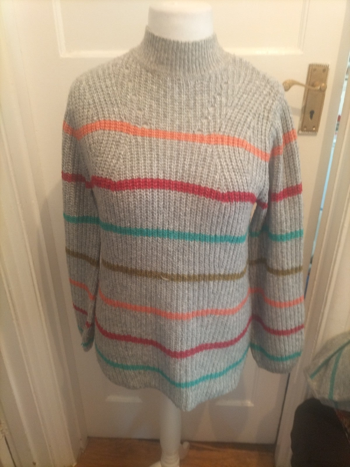 Ladies Papaya Size Medium Grey Knot Stripe Long Sleeved Pullover Jumper