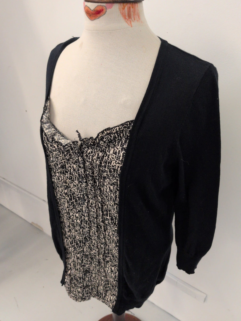 F&F 16 Black With Pattern Centre Long Sleeve Blouse