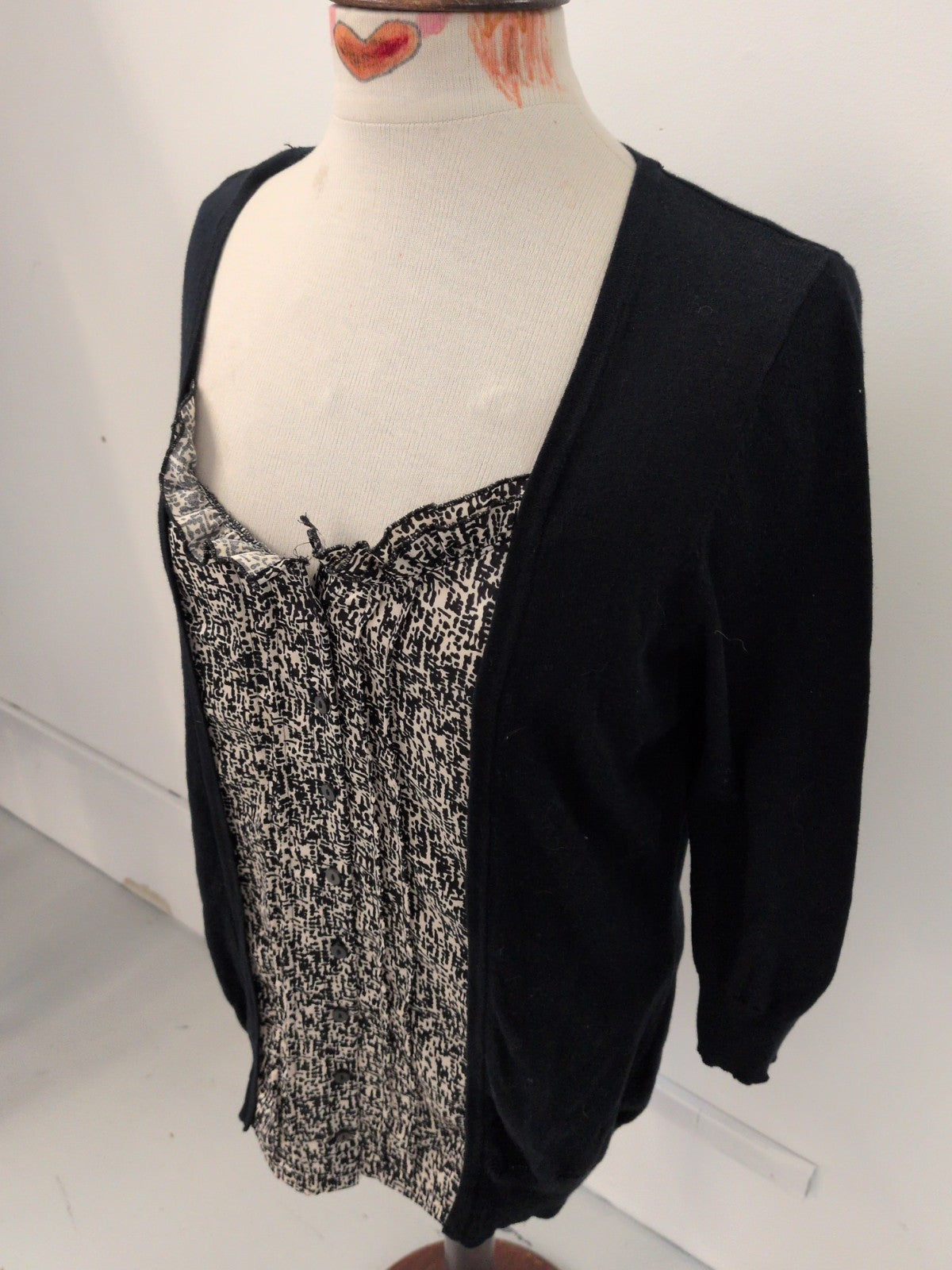 F&F 16 Black With Pattern Centre Long Sleeve Blouse