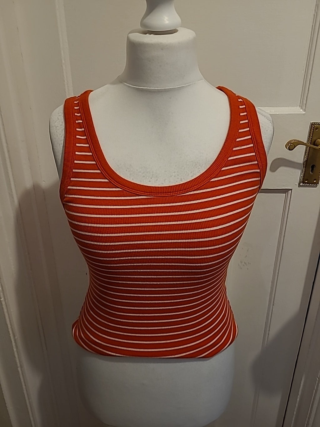 Ladies Marks And Spencer Size 10 Red And White Striped Sleeveless Top