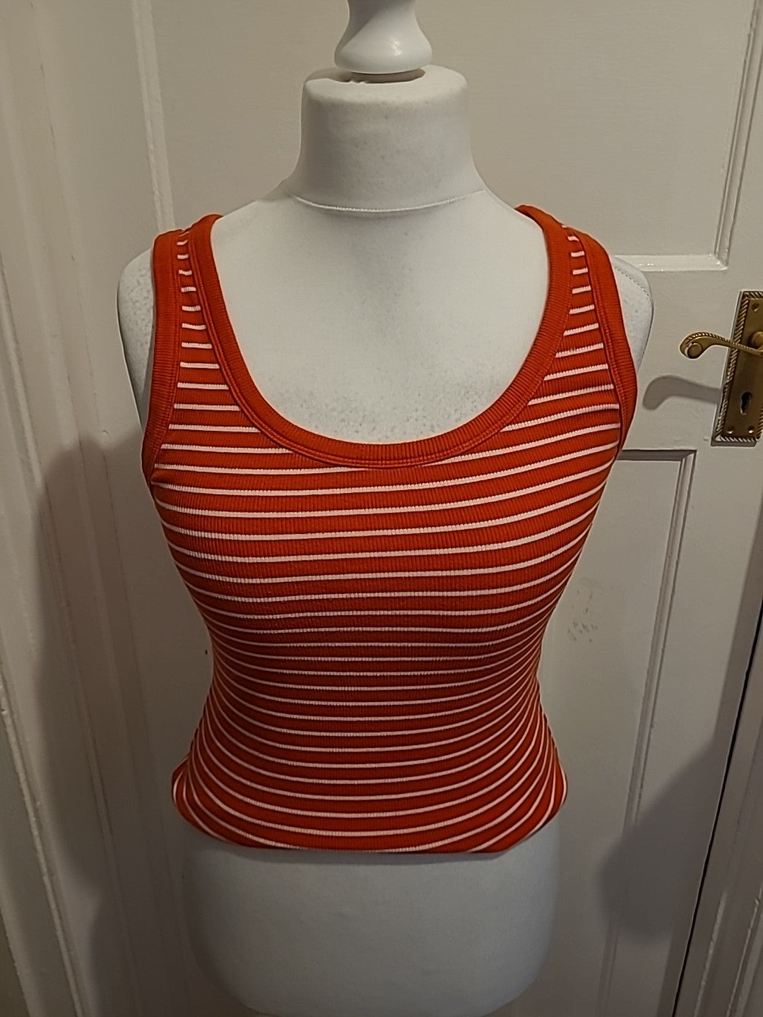 Ladies Marks And Spencer Size 10 Red And White Striped Sleeveless Top
