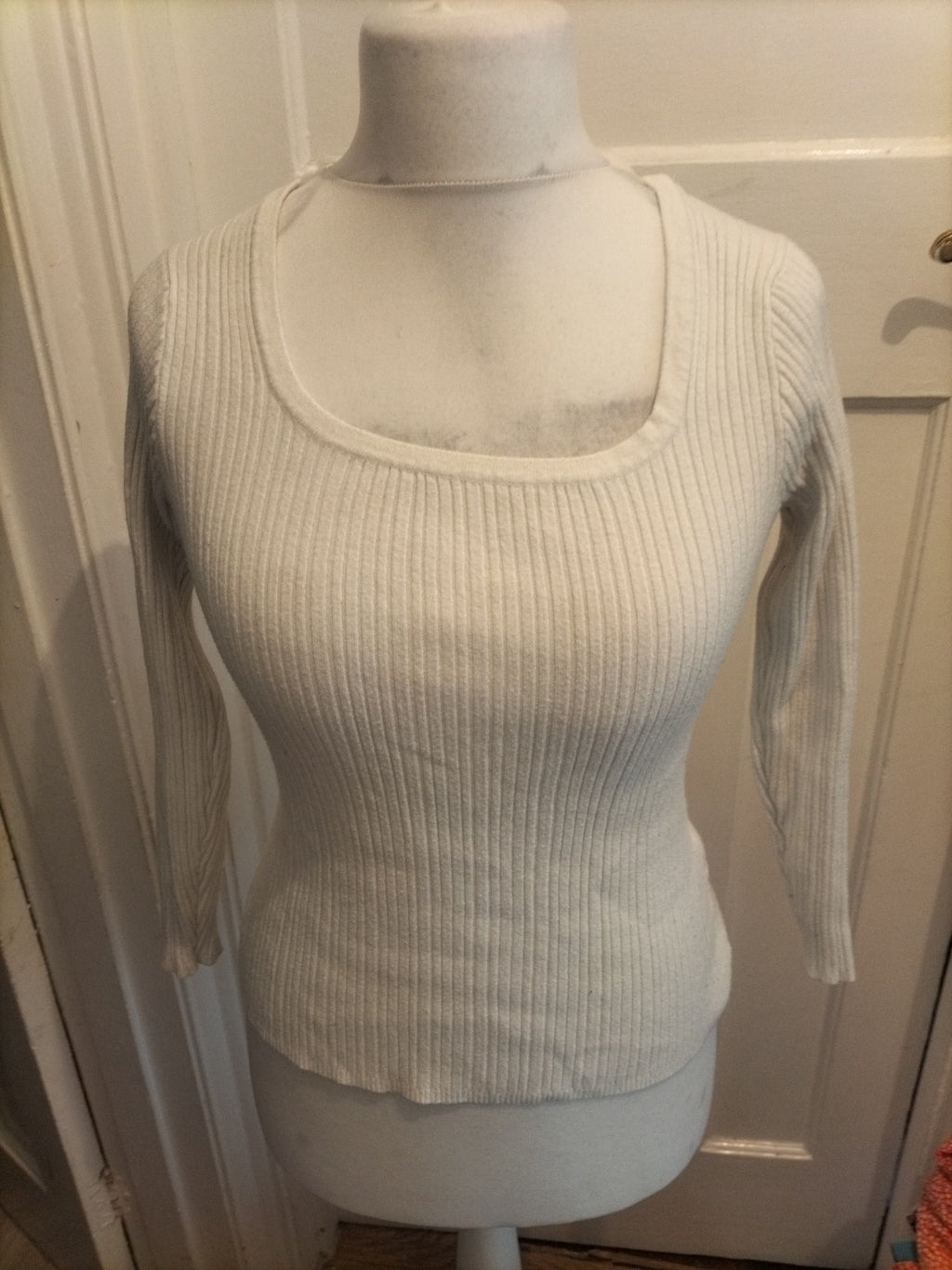 Primark 14-16 White Brush Rib Long Sleeve Square Neck Top