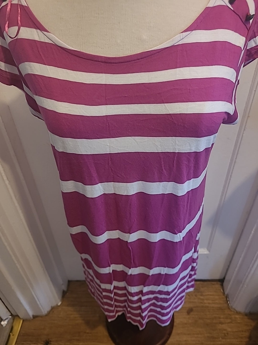 Ladies Marks And Spencer Size 14 Magenta White Striped Short Sleeved Dress