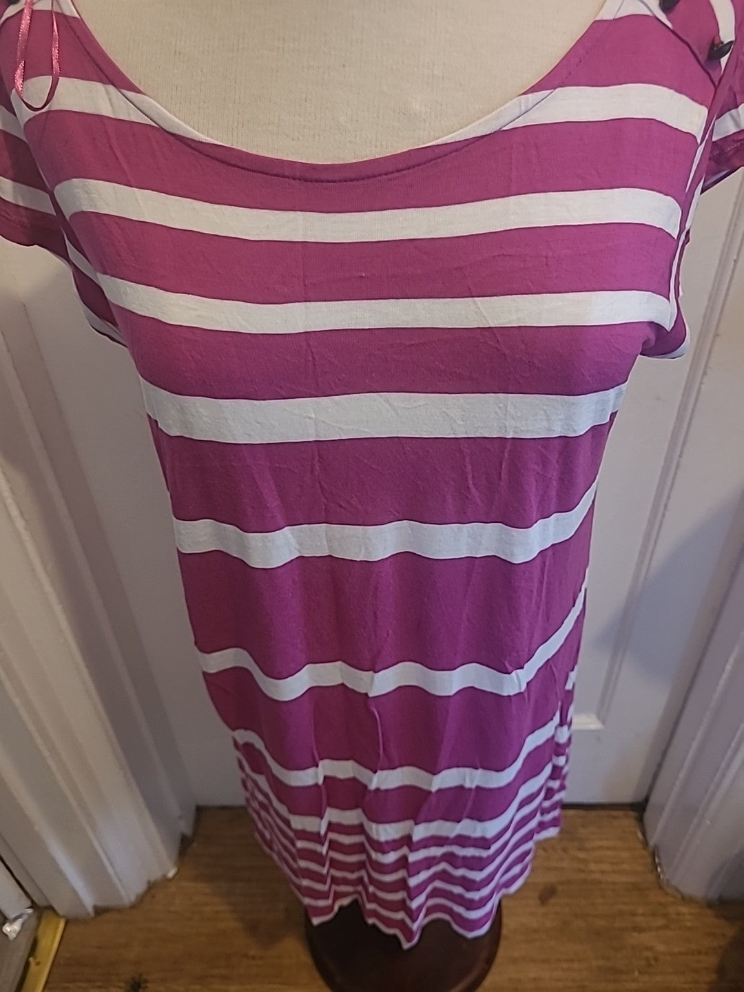 Ladies Marks And Spencer Size 14 Magenta White Striped Short Sleeved Dress
