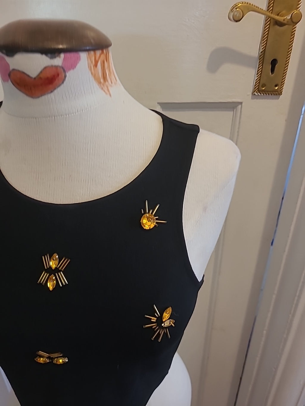 Ladies H+M Small Black Orange Diamonte Sleeveless Tshirt